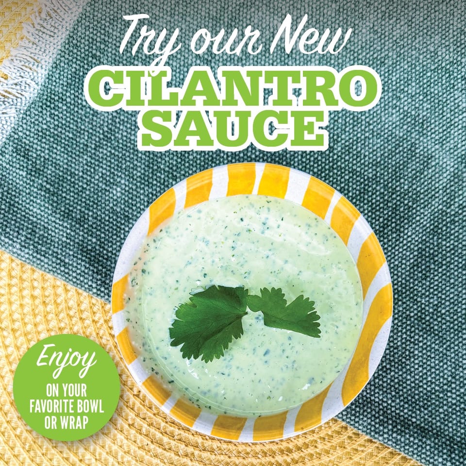 Bowl of creamy cilantro sauce garnished with fresh cilantro, promoting use on favorite bowls or wraps.